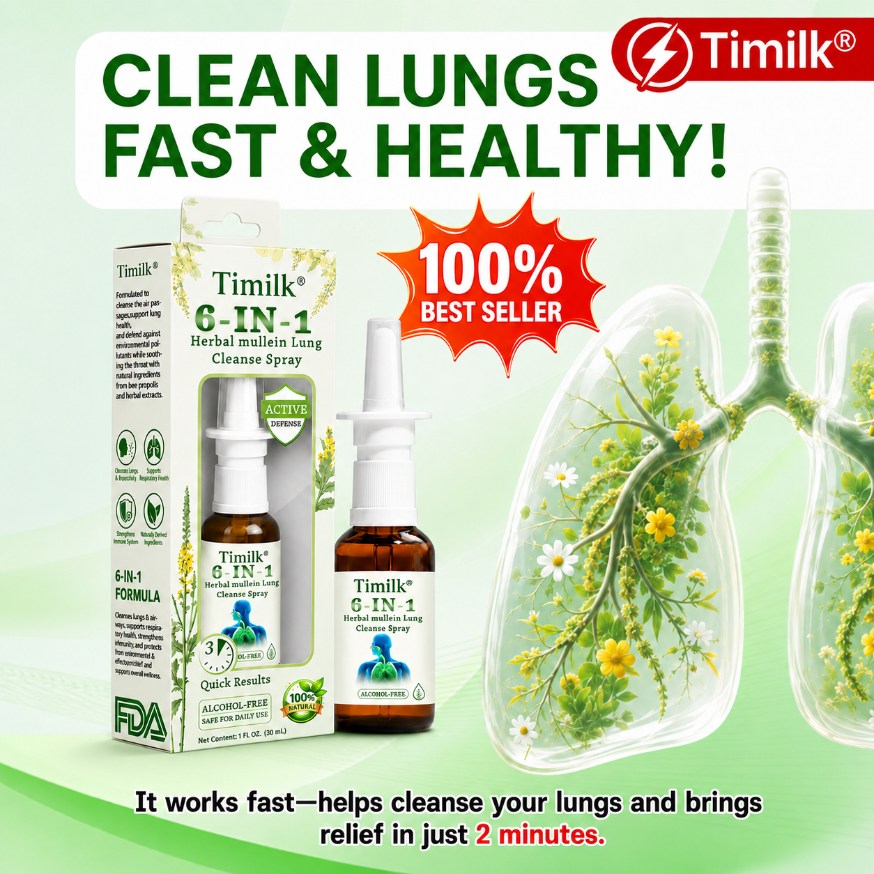 Timilk® 6-in-1 Herbal mullein Lung Cleanse Spray